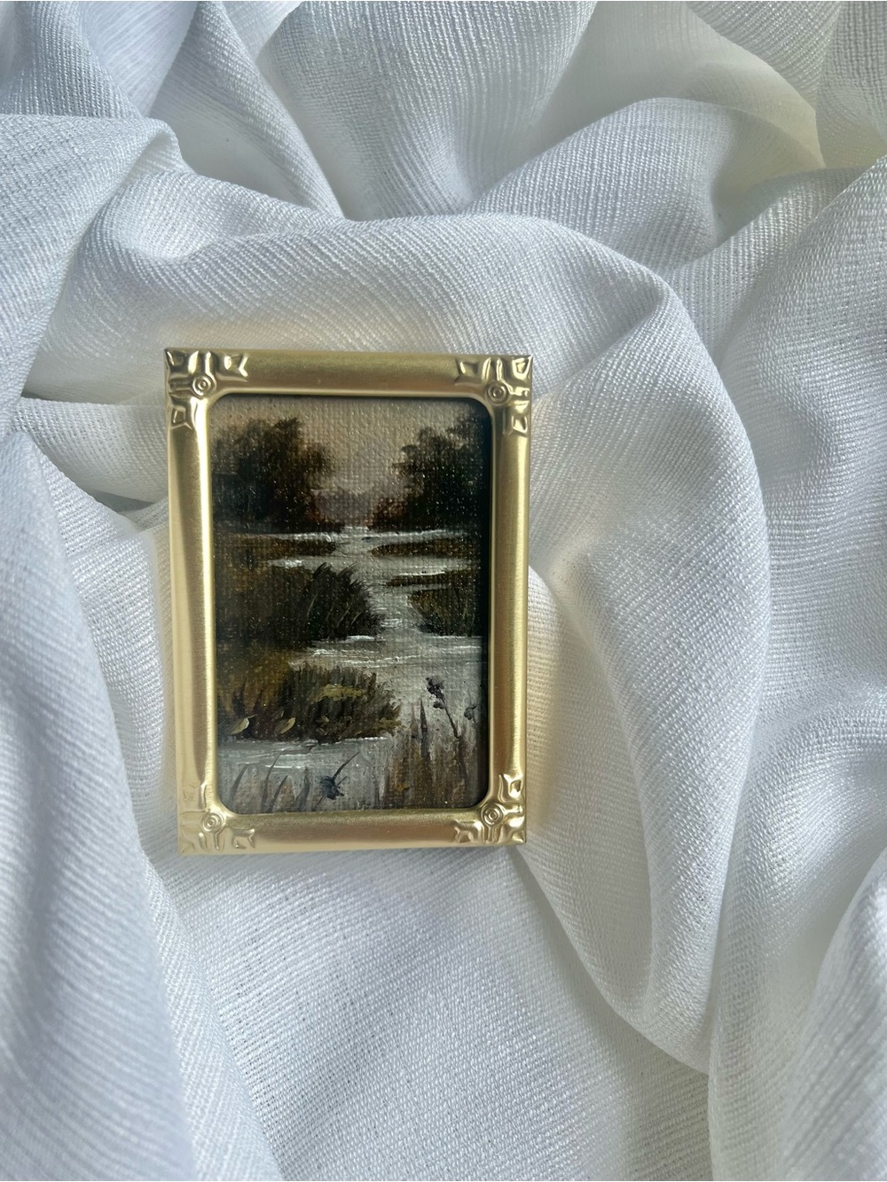 “Little Escape” Miniature Landscape Painting in Gold Frame - River Scene